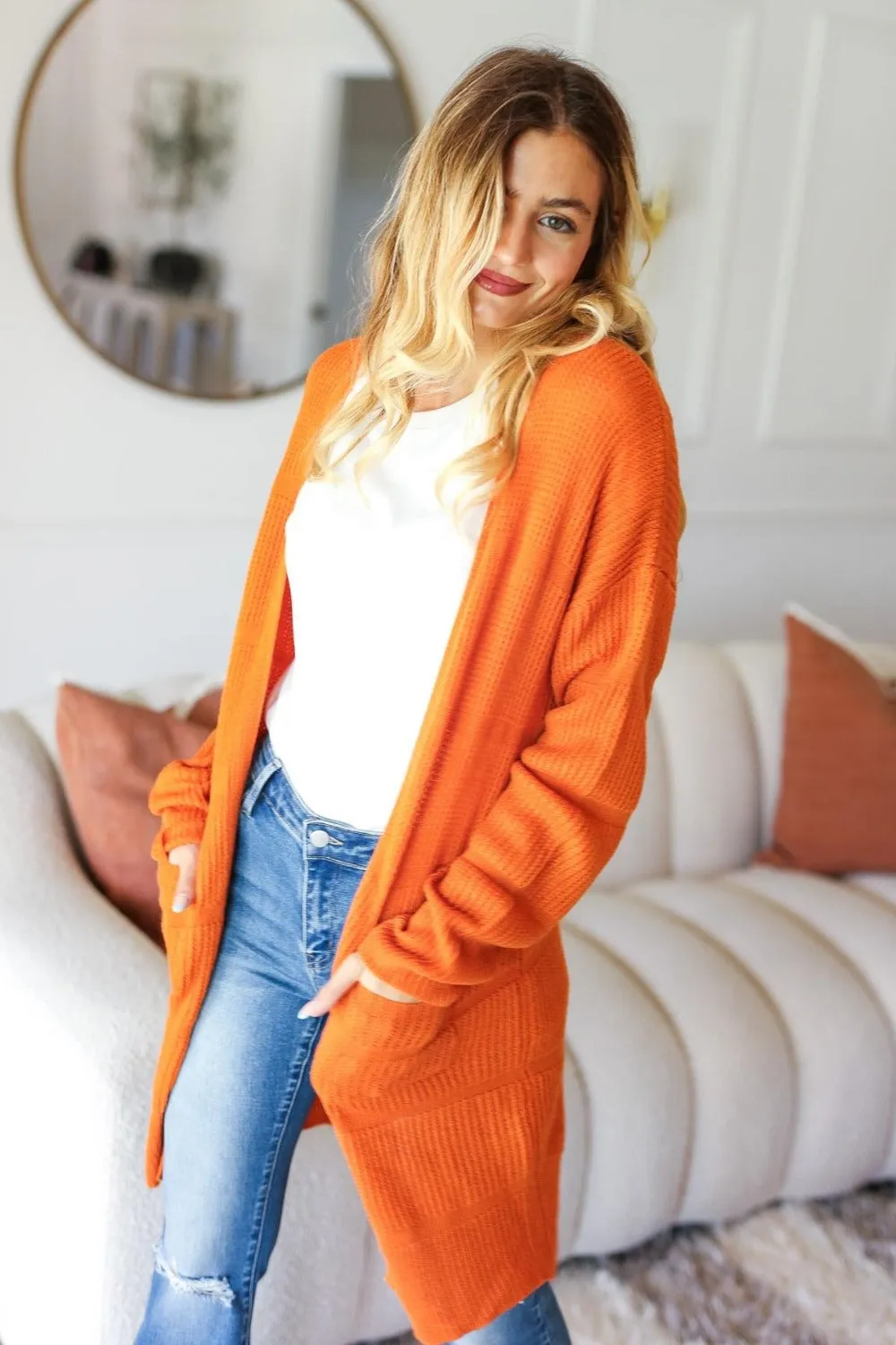 Stripe Textured Open Front Cardigan with Pockets - Rust