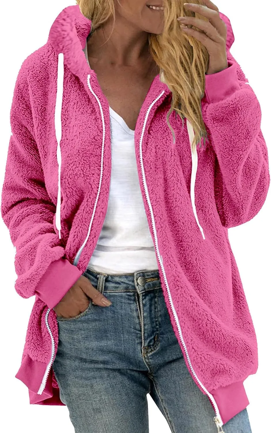 TANGNADE Cute Jackets for Women Trendy Plus Size Winter Fuzzy Fleece Coats Comfy Warm Zip Up Hoodies Outwear