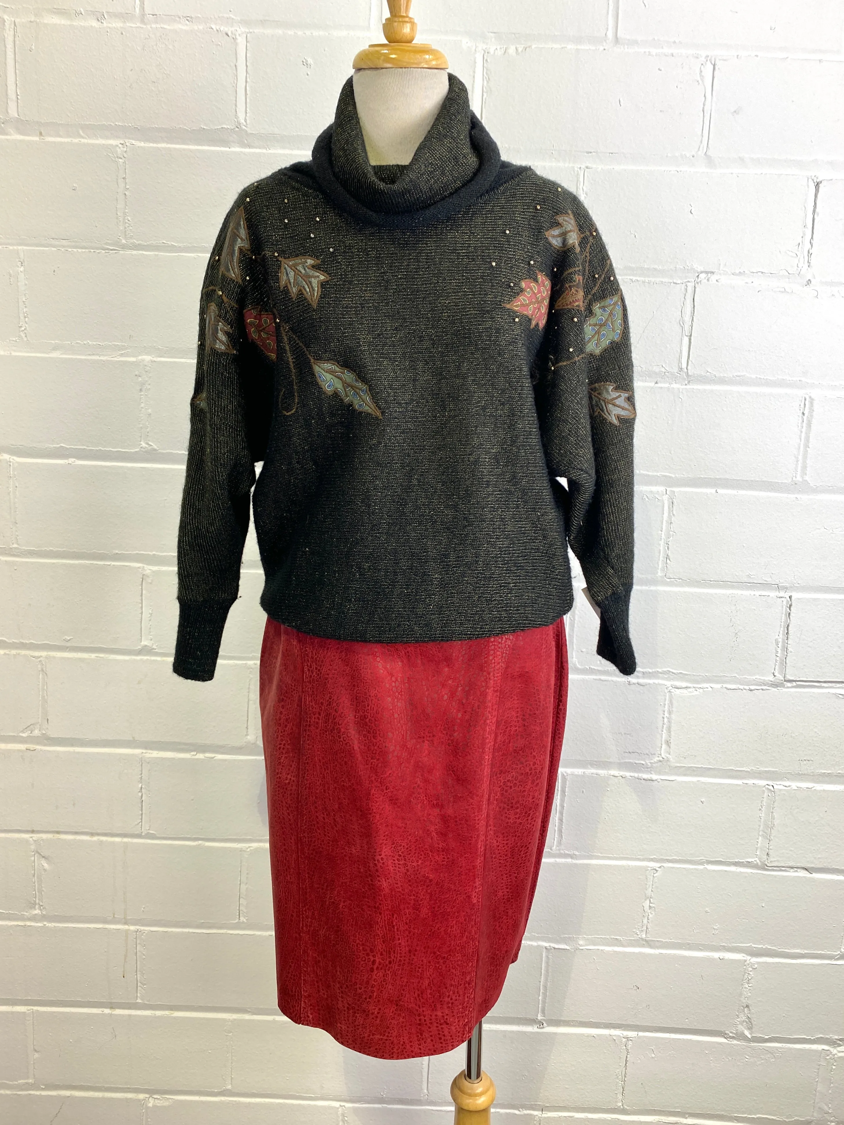 Vintage 1980s Black & Gold Cowl Neck Sweater with Leaf Appliqué, Medium