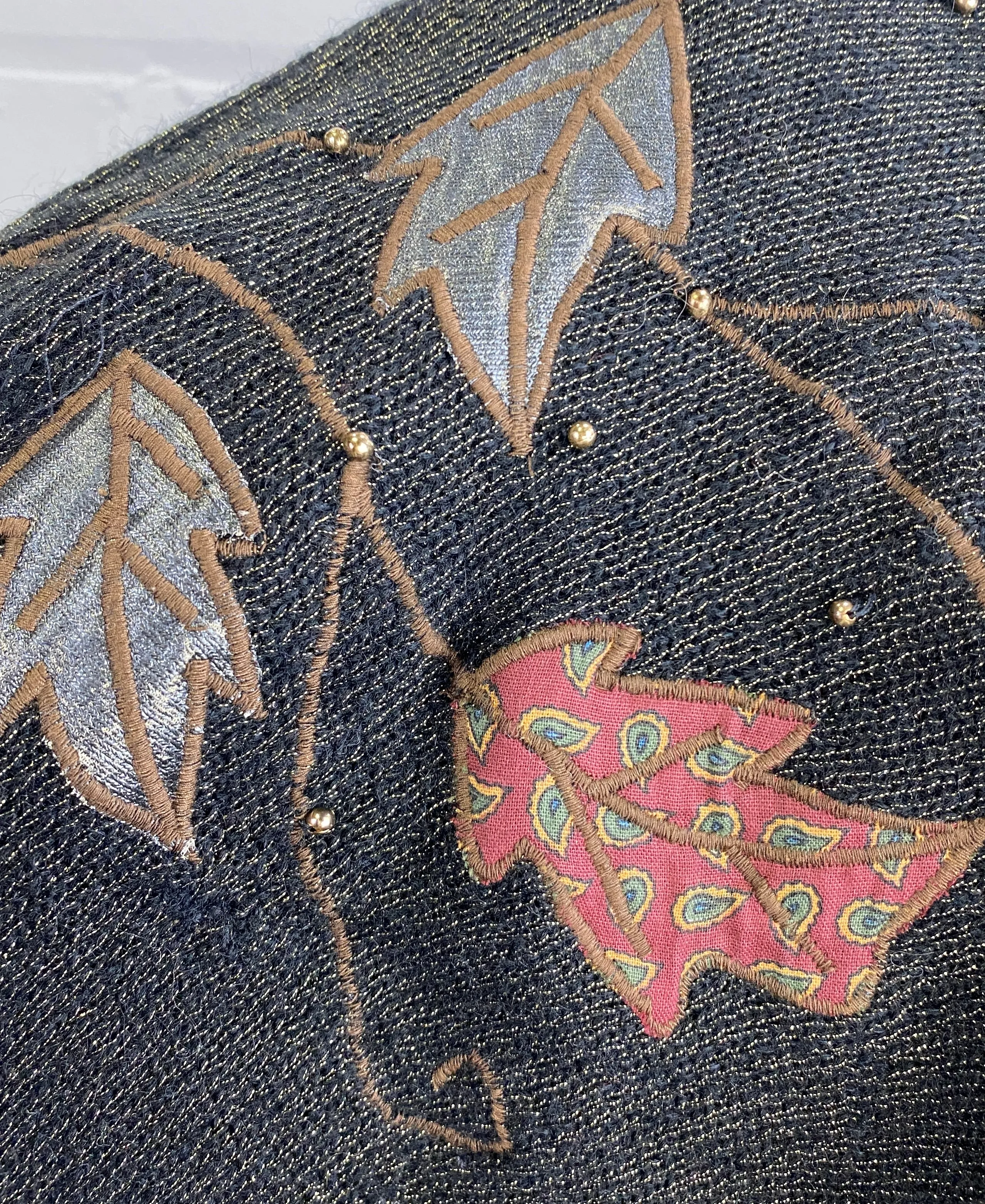 Vintage 1980s Black & Gold Cowl Neck Sweater with Leaf Appliqué, Medium