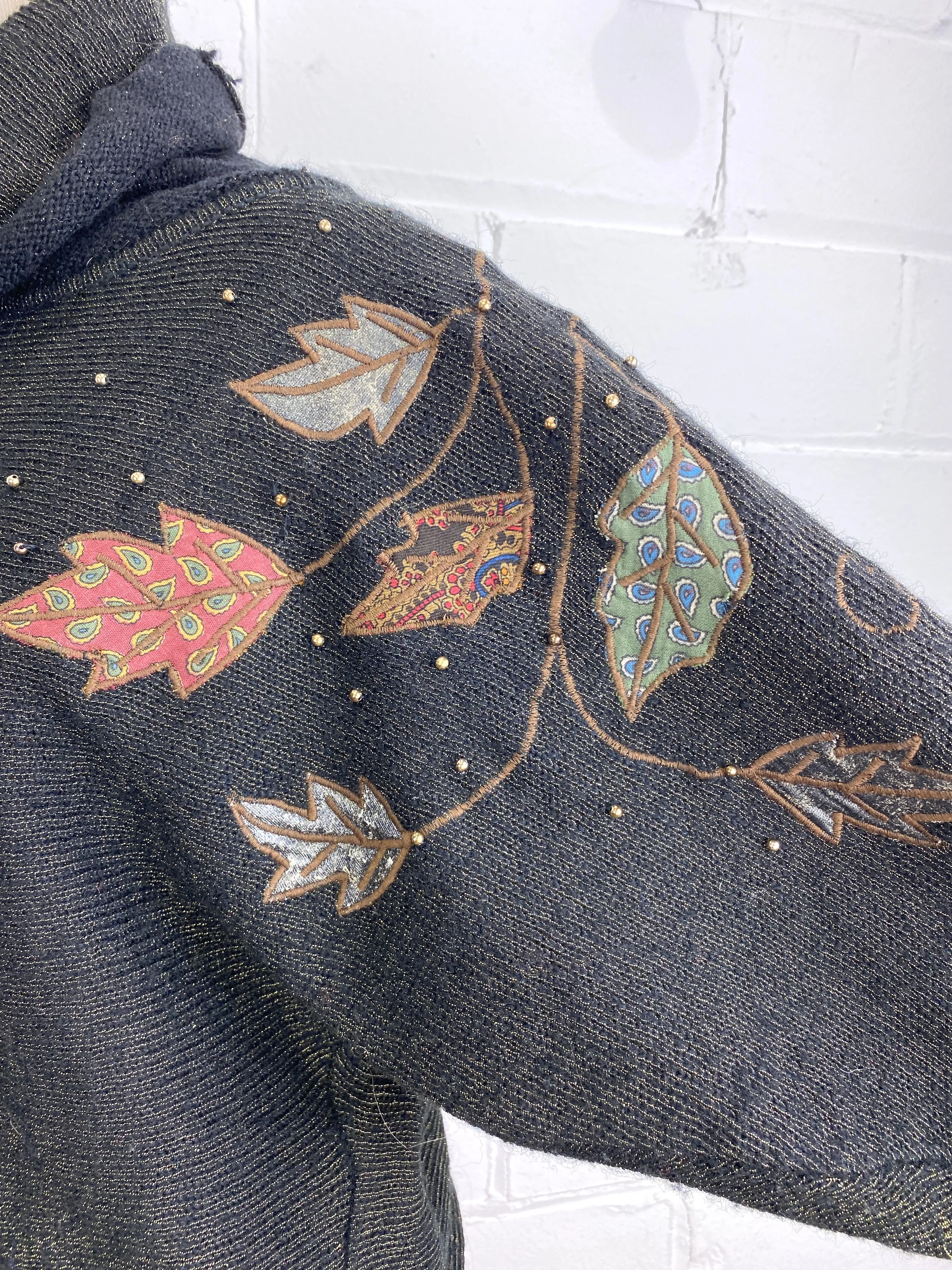 Vintage 1980s Black & Gold Cowl Neck Sweater with Leaf Appliqué, Medium