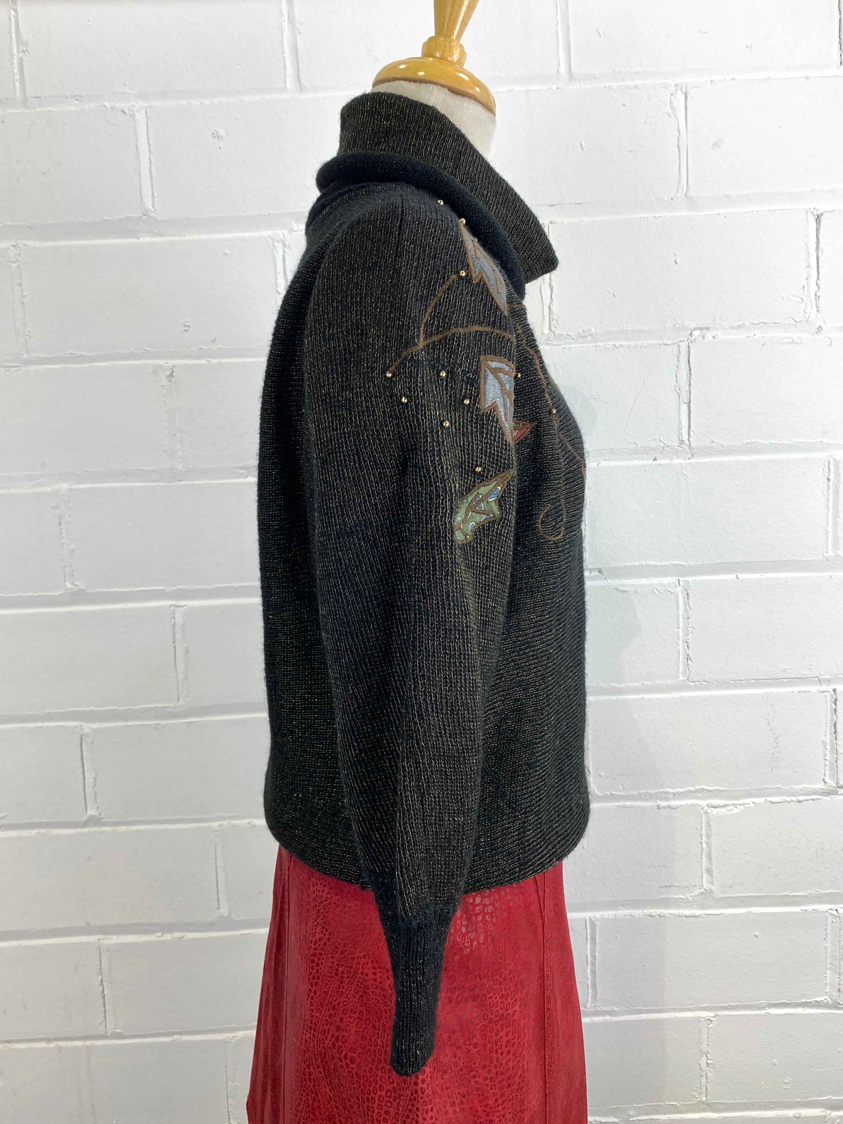 Vintage 1980s Black & Gold Cowl Neck Sweater with Leaf Appliqué, Medium
