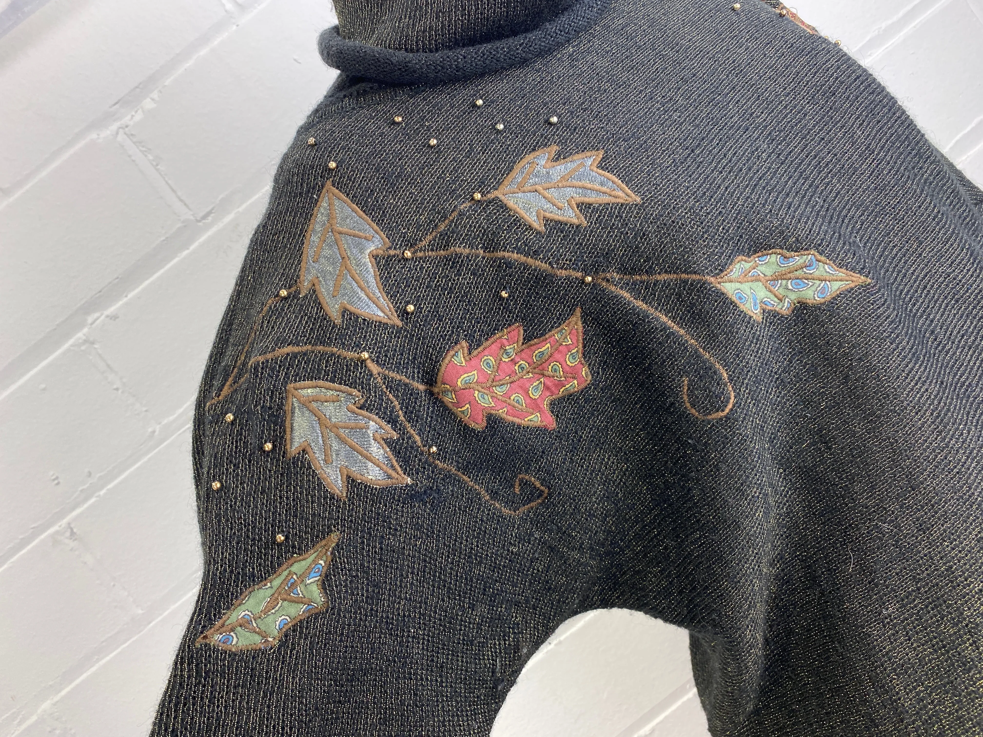Vintage 1980s Black & Gold Cowl Neck Sweater with Leaf Appliqué, Medium
