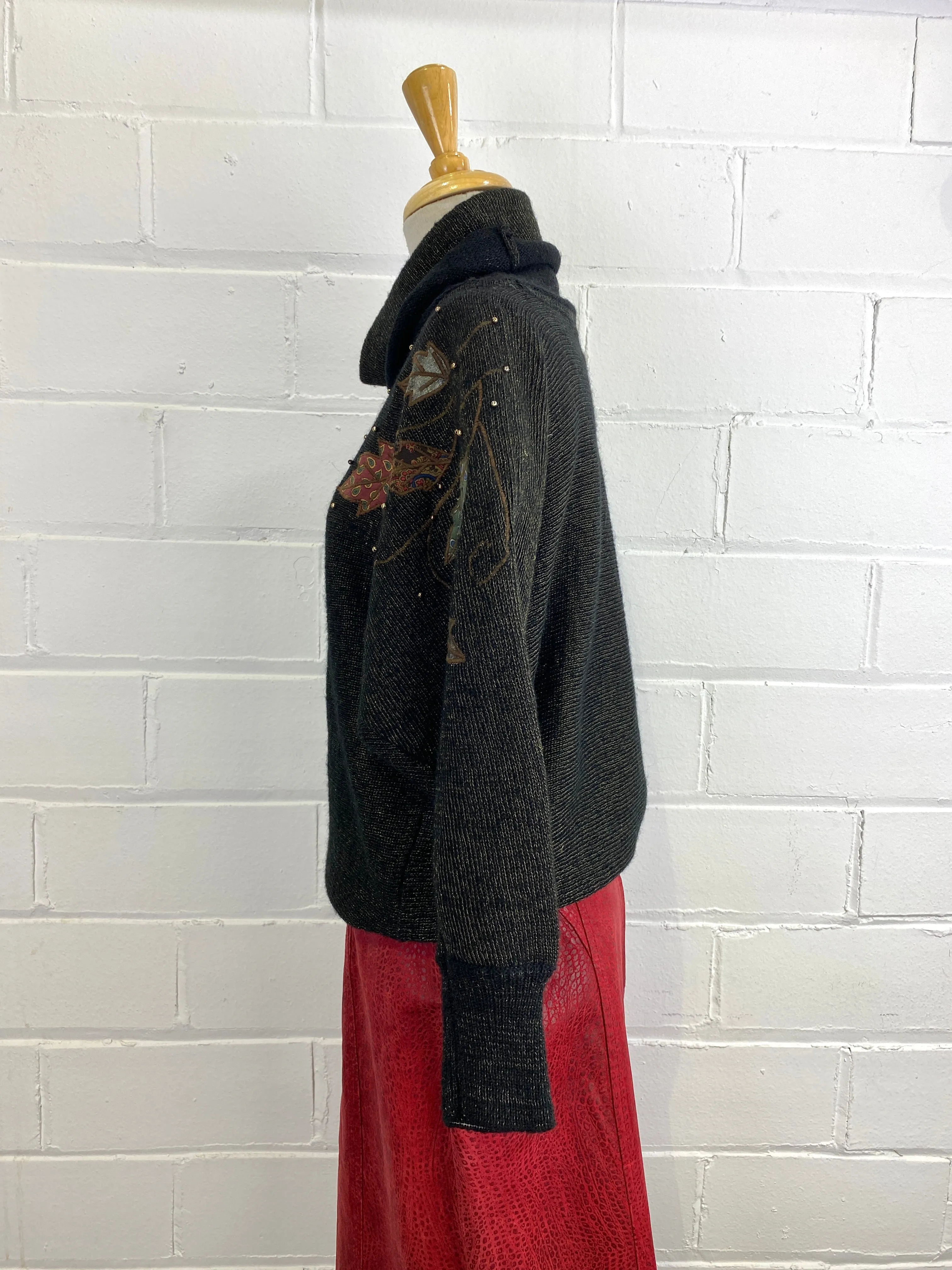 Vintage 1980s Black & Gold Cowl Neck Sweater with Leaf Appliqué, Medium