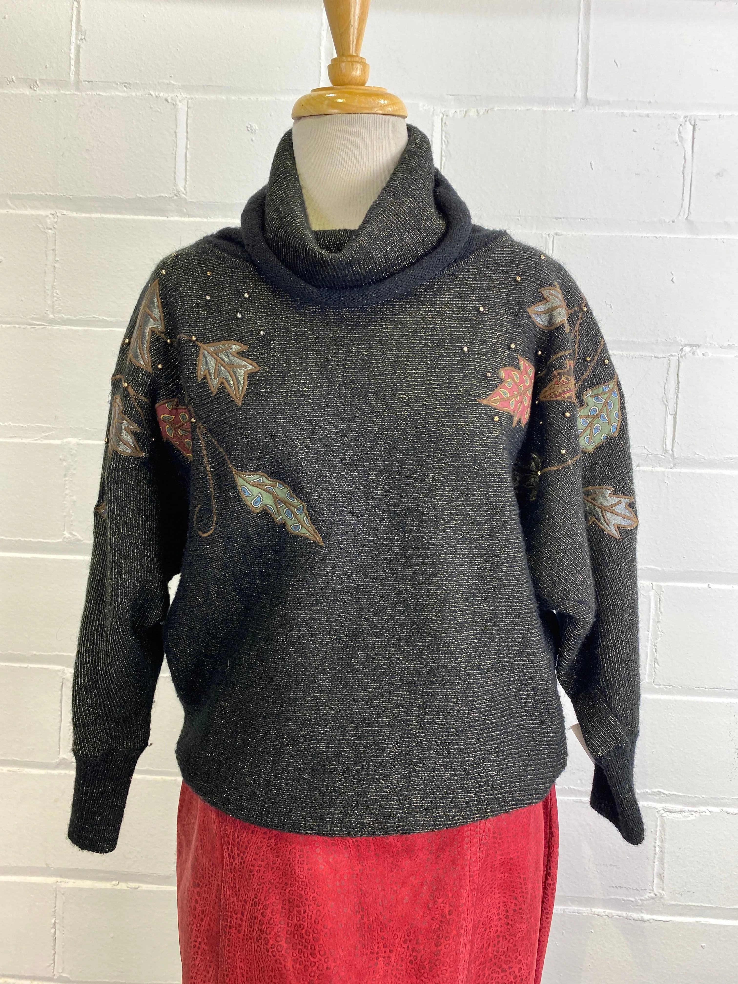 Vintage 1980s Black & Gold Cowl Neck Sweater with Leaf Appliqué, Medium