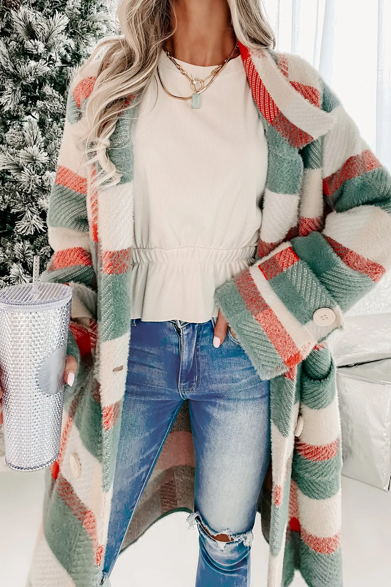 Welcome The Warmth Double-Breasted Plaid Sweater Coat (Dark Mint/Coral)