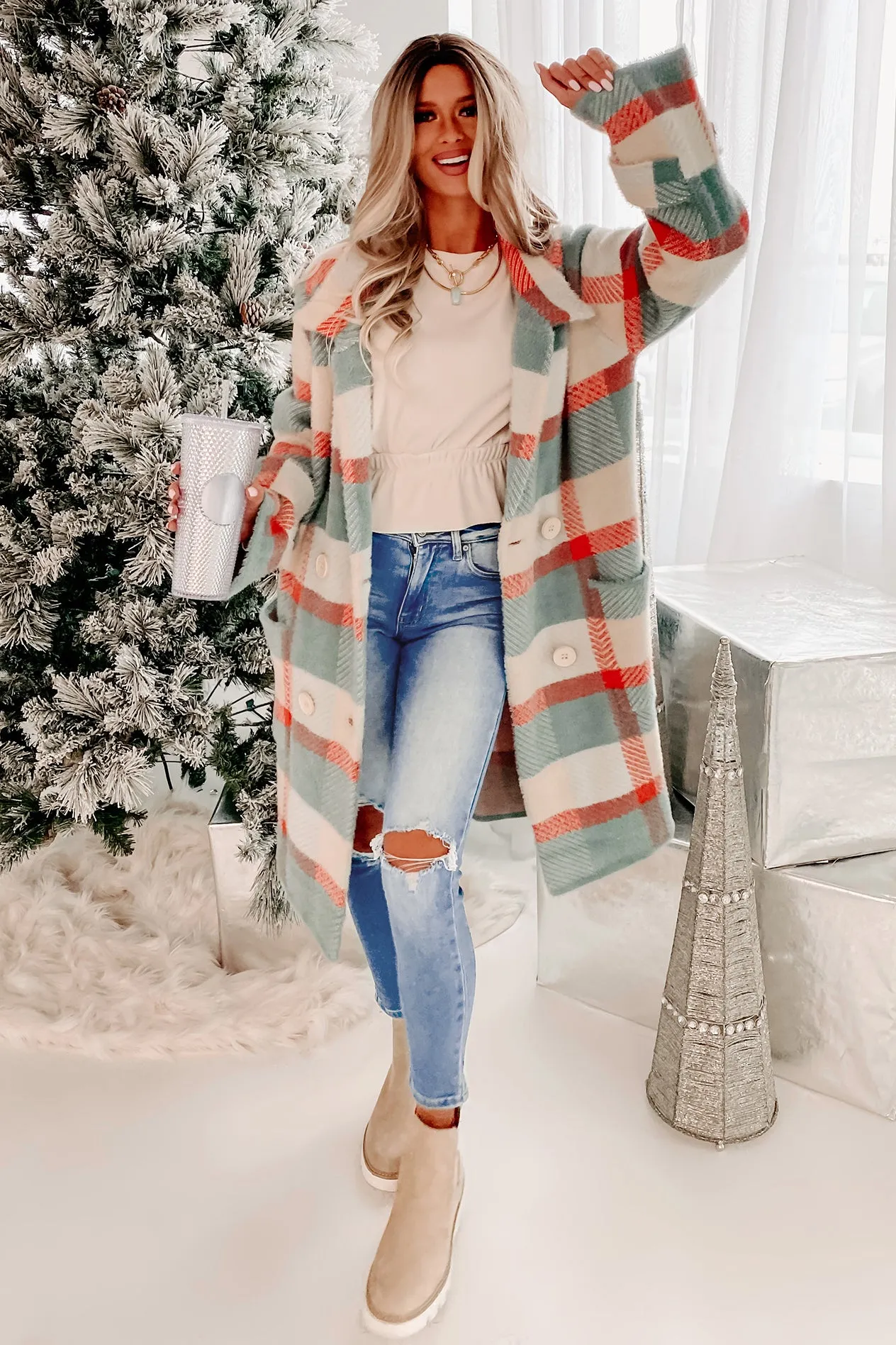 Welcome The Warmth Double-Breasted Plaid Sweater Coat (Dark Mint/Coral)