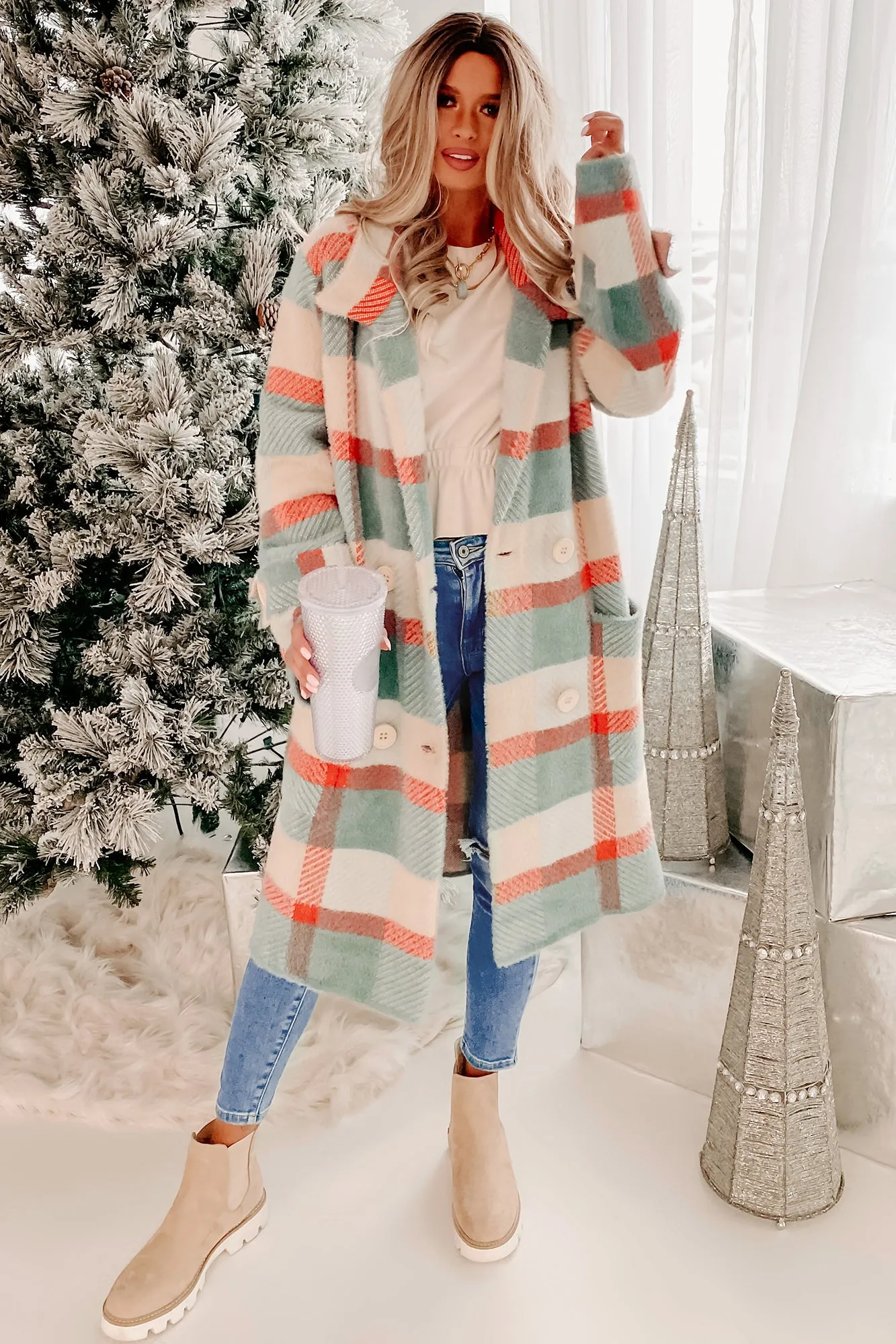 Welcome The Warmth Double-Breasted Plaid Sweater Coat (Dark Mint/Coral)