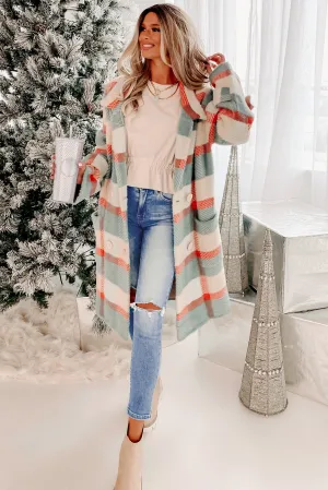 Welcome The Warmth Double-Breasted Plaid Sweater Coat (Dark Mint/Coral)