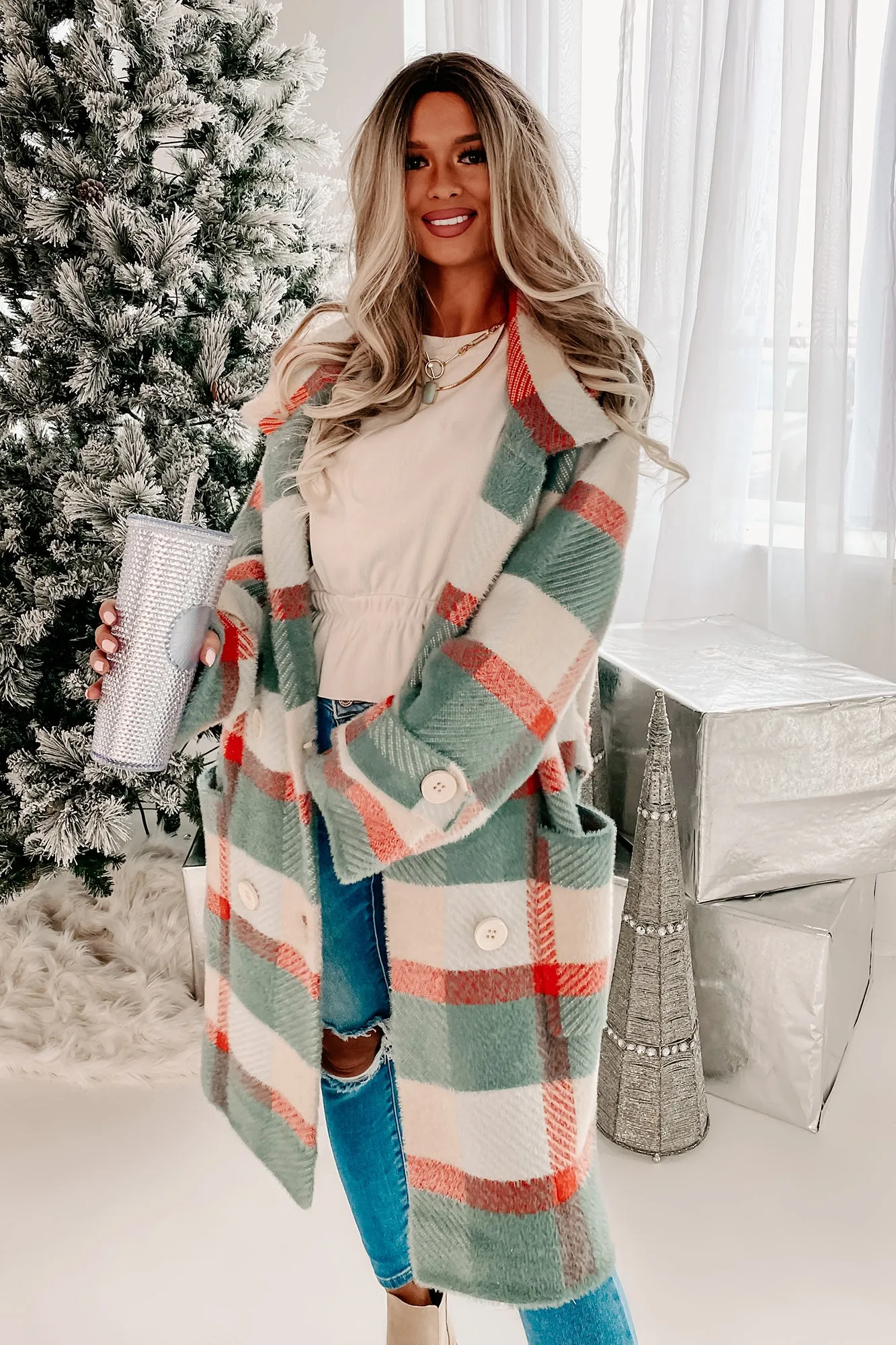 Welcome The Warmth Double-Breasted Plaid Sweater Coat (Dark Mint/Coral)