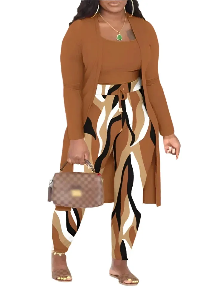 Winter 3-Piece Women's Outfit - Abstract Print Cami Top, Pants, and Matching Coat | Elegant & Casual Fashion Set