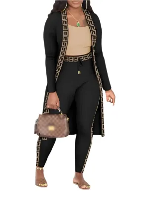 Winter 3-Piece Women's Outfit - Abstract Print Cami Top, Pants, and Matching Coat | Elegant & Casual Fashion Set