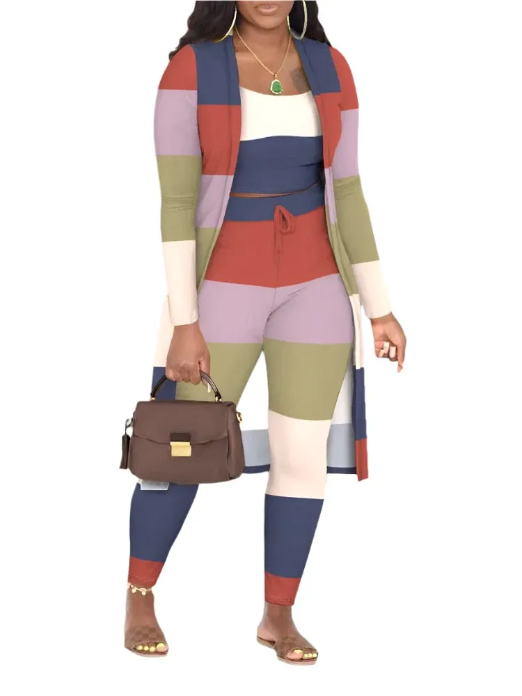 Winter 3-Piece Women's Outfit - Abstract Print Cami Top, Pants, and Matching Coat | Elegant & Casual Fashion Set