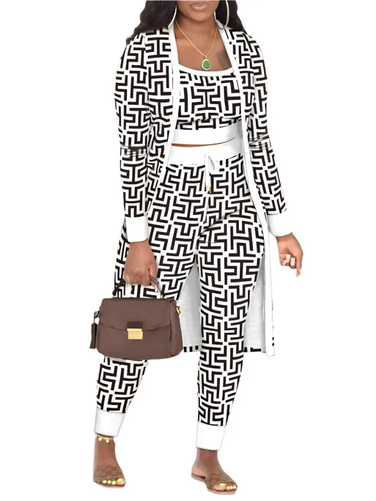 Winter 3-Piece Women's Outfit - Abstract Print Cami Top, Pants, and Matching Coat | Elegant & Casual Fashion Set