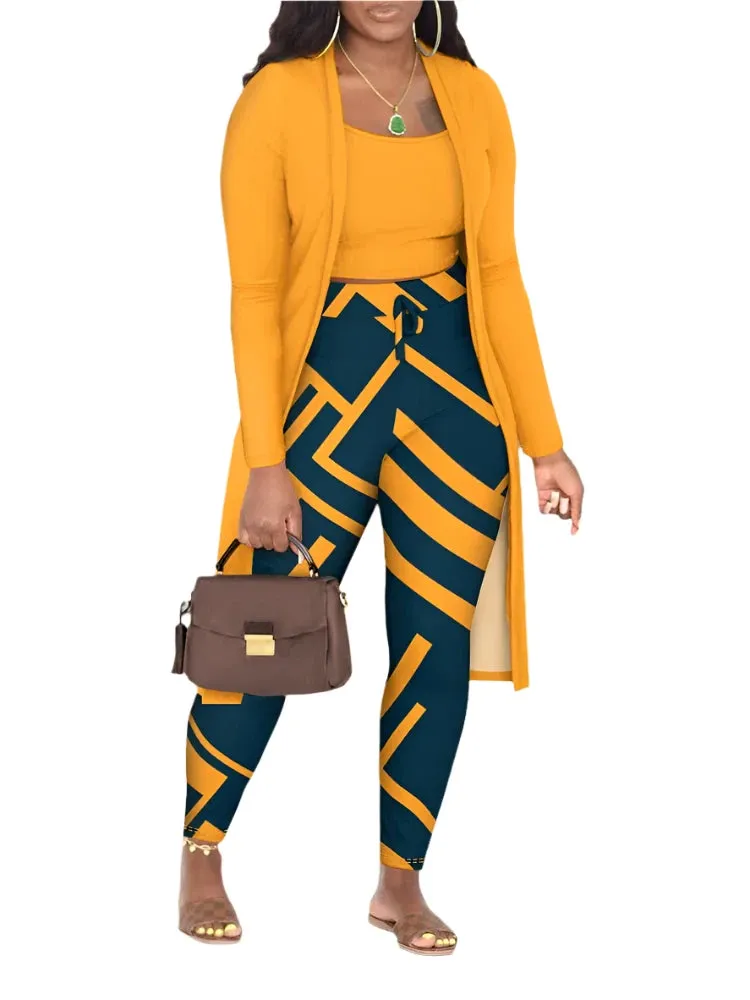 Winter 3-Piece Women's Outfit - Abstract Print Cami Top, Pants, and Matching Coat | Elegant & Casual Fashion Set
