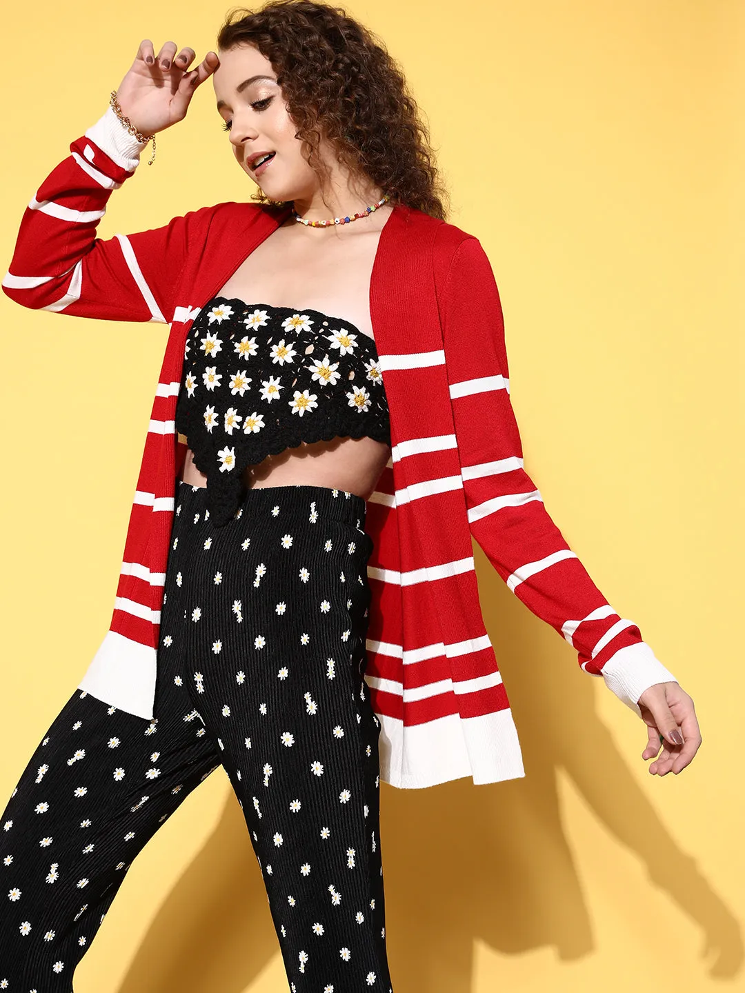 Women Red & White Striped Rib Front Open Shrug