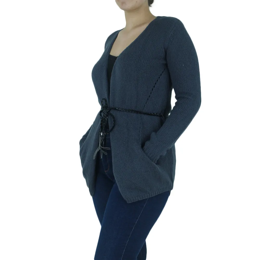 Women's Belted Cardigan Sweater,Dark Grey