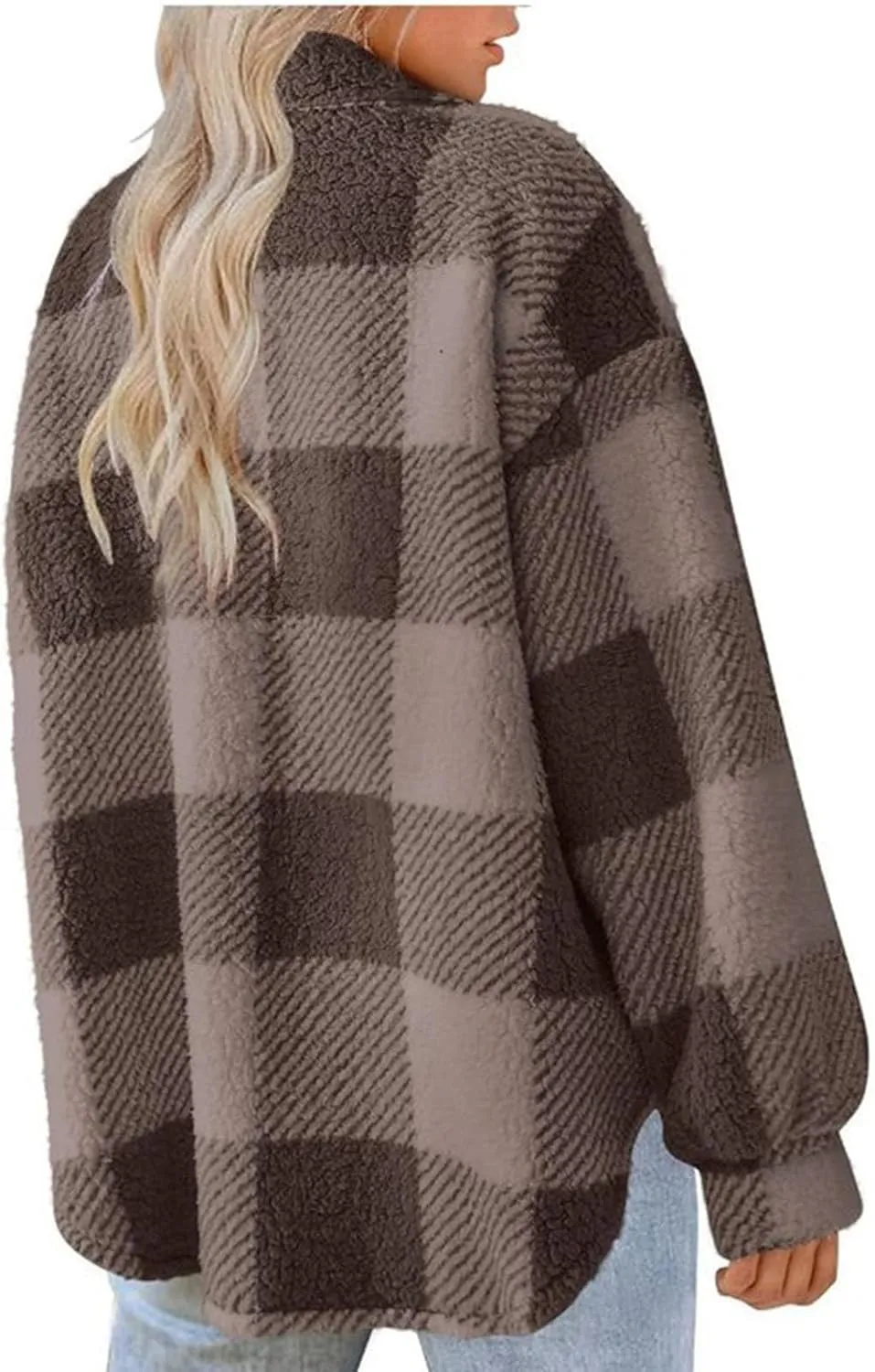 Womens Fuzzy Fleece Plaid Shacket Jacket Buffalo Plaid Flannel Sherpa Puffer Coat Button Down Sherpa Shacket