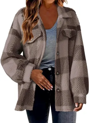 Womens Fuzzy Fleece Plaid Shacket Jacket Buffalo Plaid Flannel Sherpa Puffer Coat Button Down Sherpa Shacket