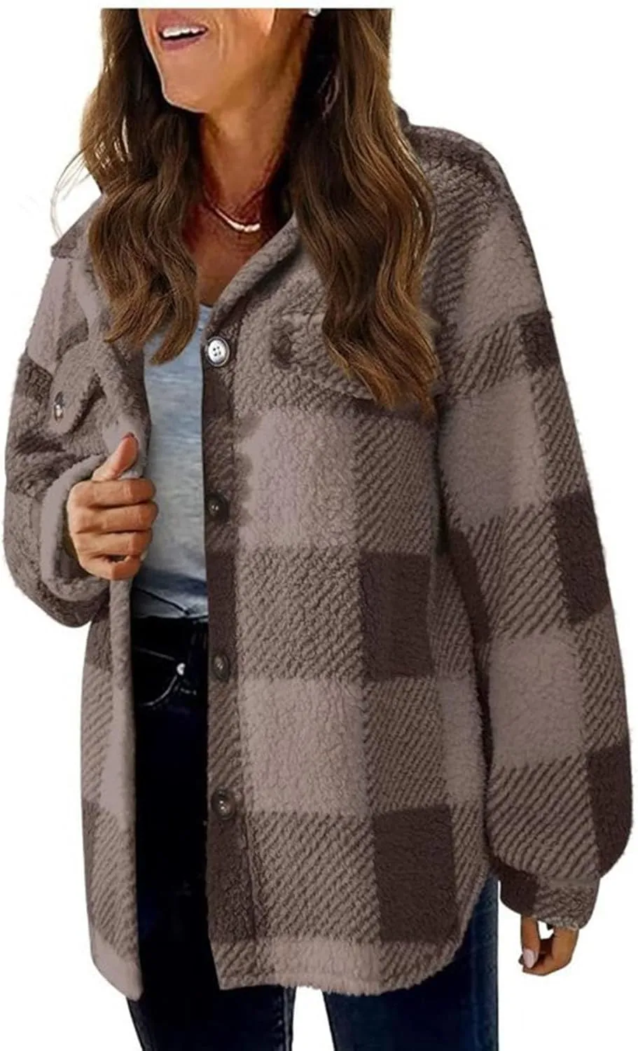 Womens Fuzzy Fleece Plaid Shacket Jacket Buffalo Plaid Flannel Sherpa Puffer Coat Button Down Sherpa Shacket