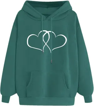 Women's Graphic Hoodies Heart Print Drawstring Long Sleeve Pocket Sweatshirt Oversized Fleece Pullover Tops