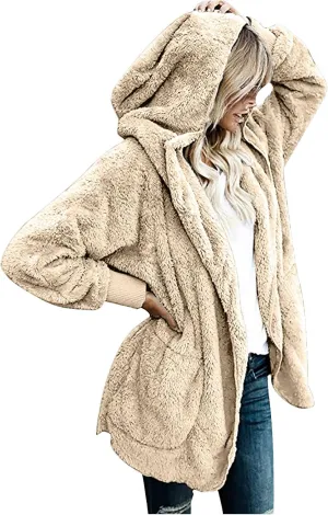 Womens Sherpa Jacket Comfy Fleece Hoodies Fuzzy Jacket Oversized Open Front Cardigan Teddy Coat Outerwear with Pocket