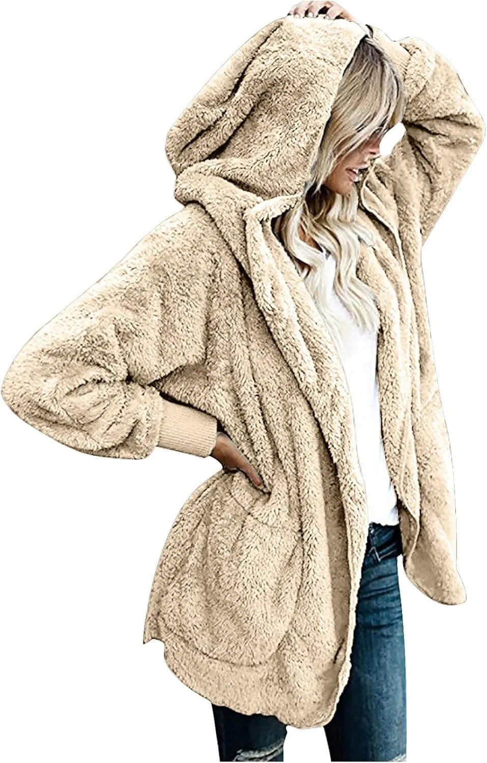 Womens Sherpa Jacket Comfy Fleece Hoodies Fuzzy Jacket Oversized Open Front Cardigan Teddy Coat Outerwear with Pocket