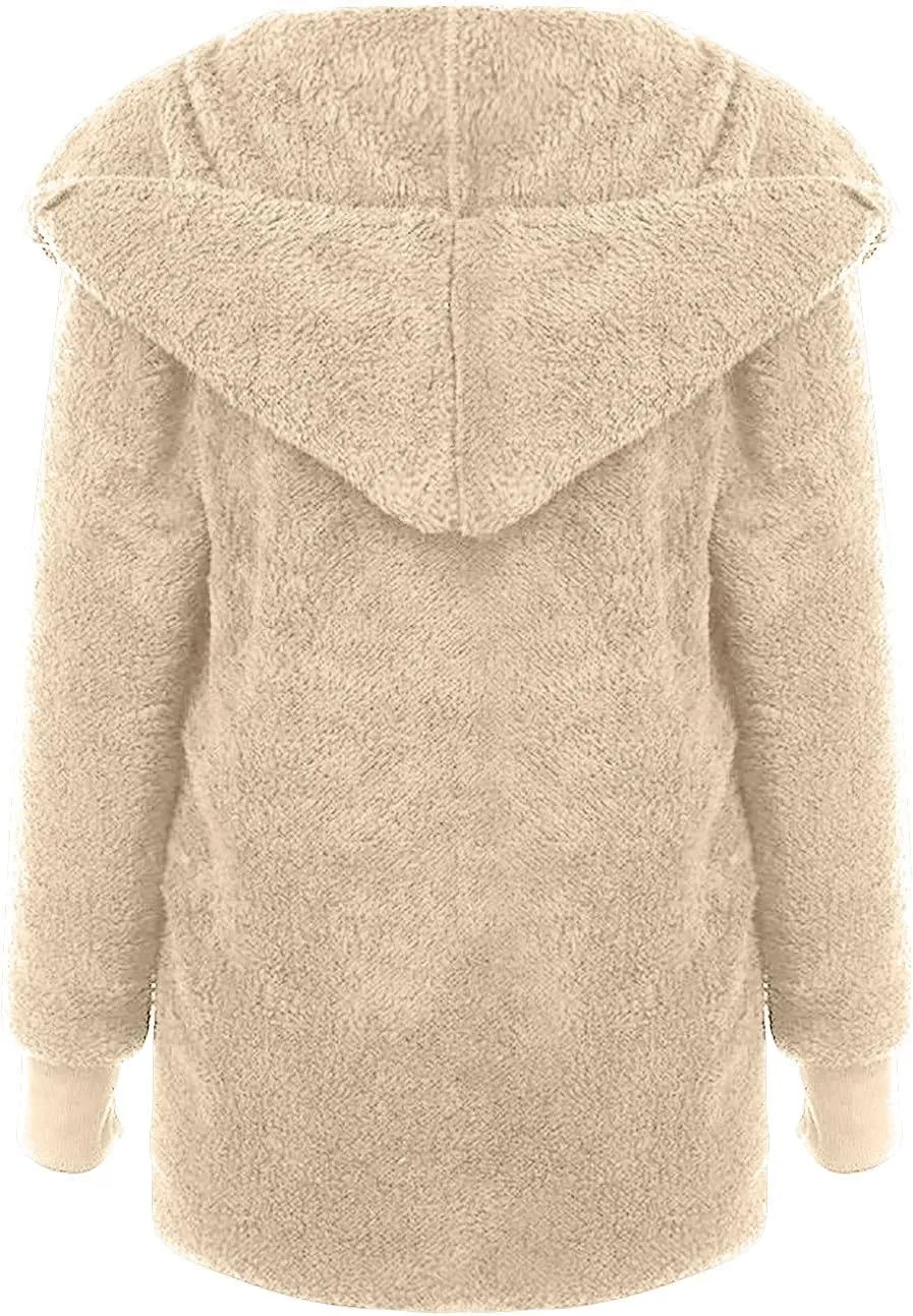 Womens Sherpa Jacket Comfy Fleece Hoodies Fuzzy Jacket Oversized Open Front Cardigan Teddy Coat Outerwear with Pocket
