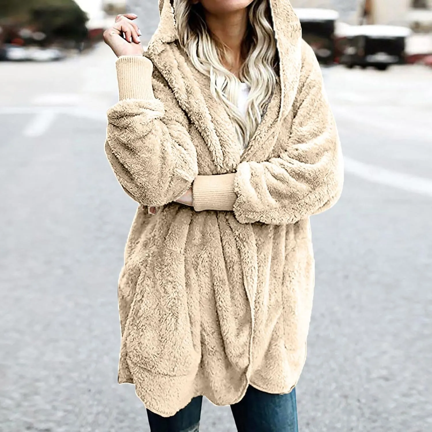Womens Sherpa Jacket Comfy Fleece Hoodies Fuzzy Jacket Oversized Open Front Cardigan Teddy Coat Outerwear with Pocket