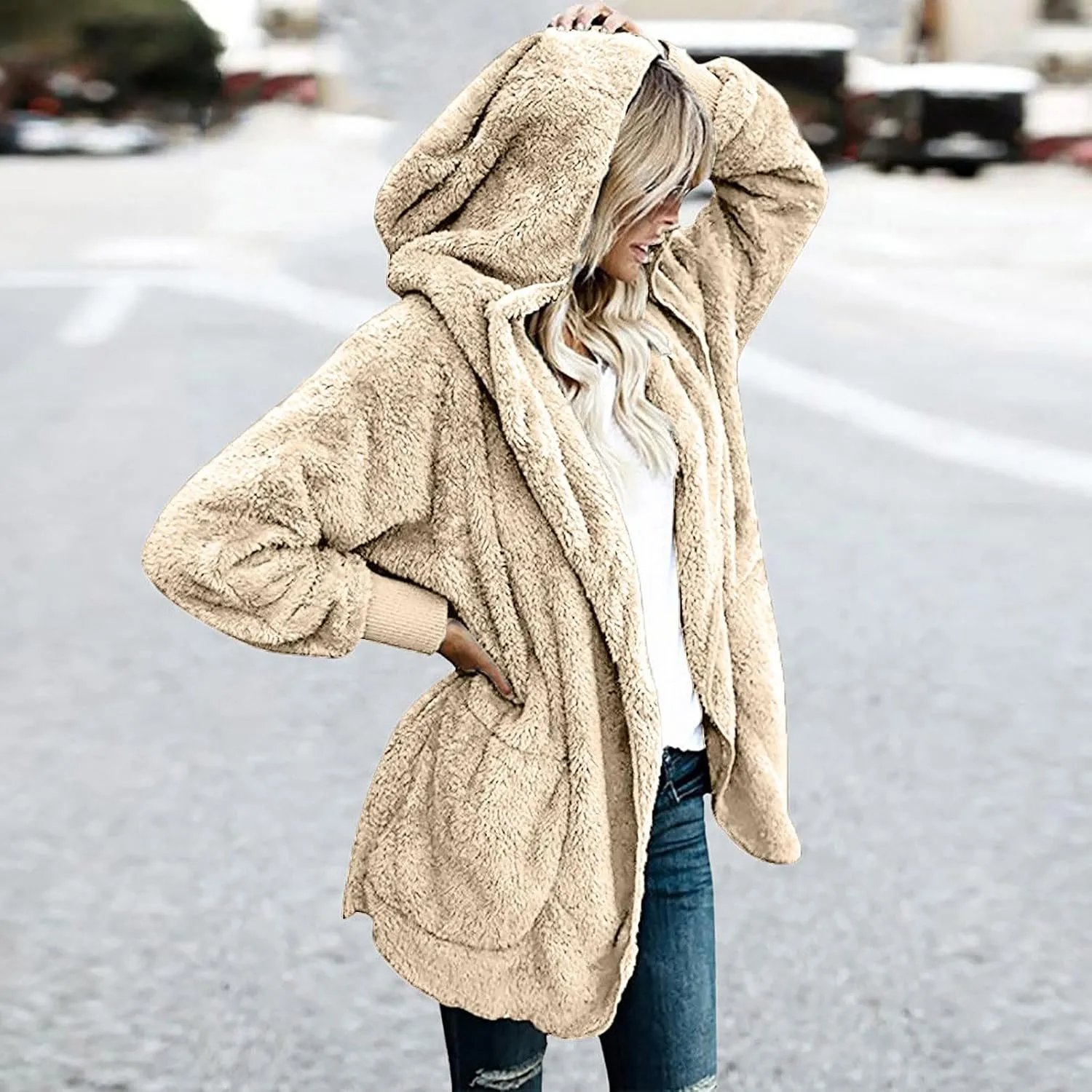 Womens Sherpa Jacket Comfy Fleece Hoodies Fuzzy Jacket Oversized Open Front Cardigan Teddy Coat Outerwear with Pocket