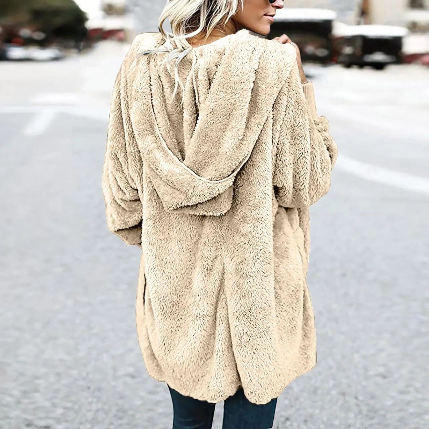 Womens Sherpa Jacket Comfy Fleece Hoodies Fuzzy Jacket Oversized Open Front Cardigan Teddy Coat Outerwear with Pocket