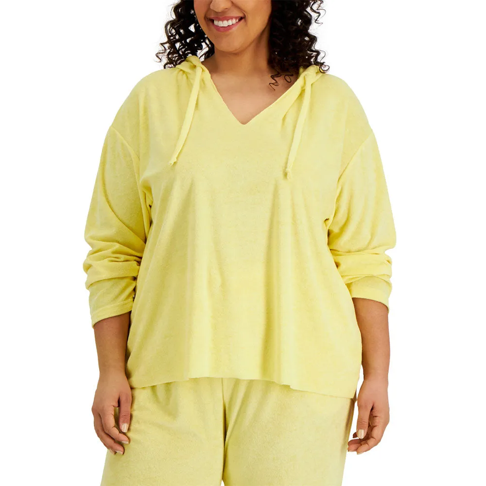 Women's V-Neck Towelling Hoodie,Yellow