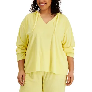 Women's V-Neck Towelling Hoodie,Yellow